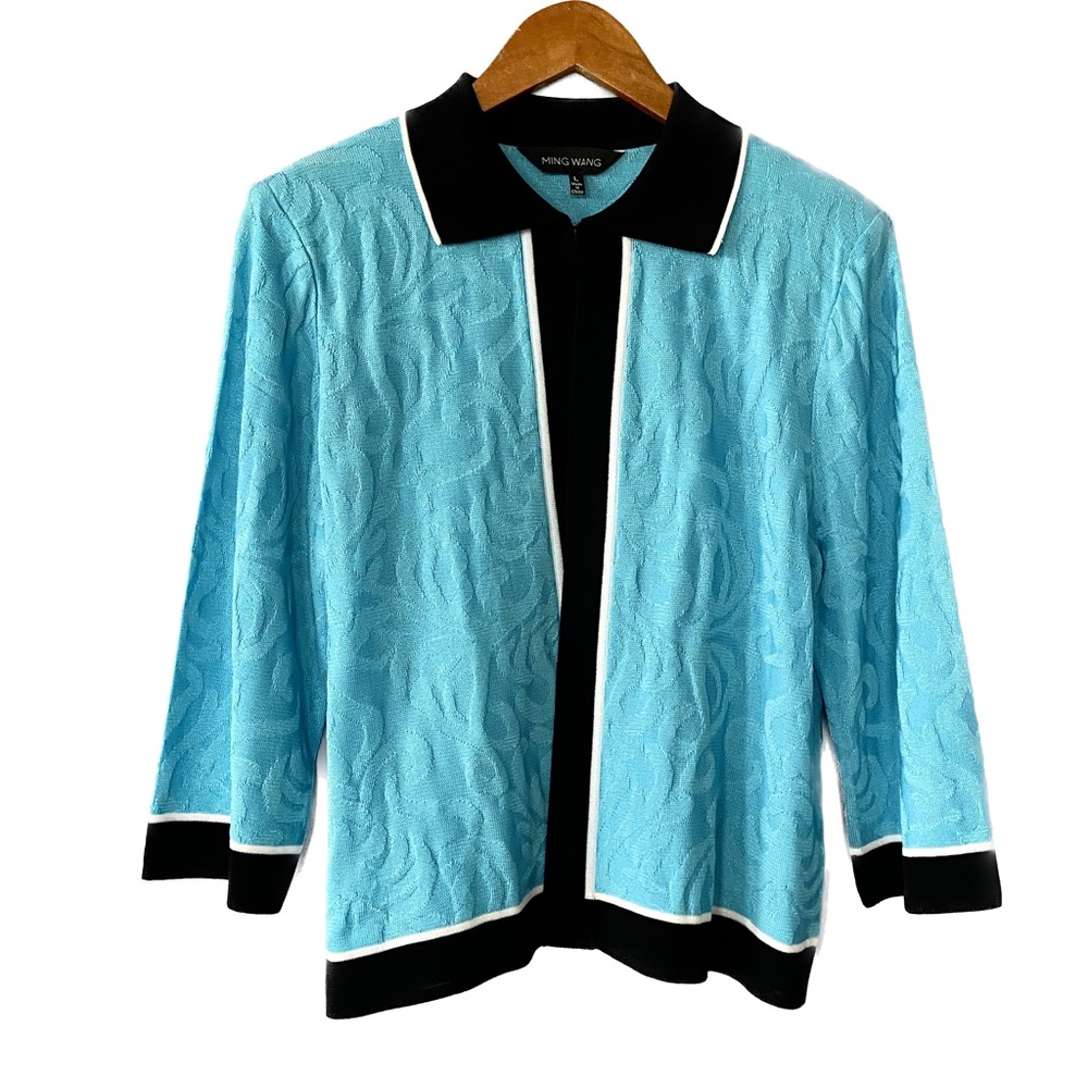 Ming Wang Blue Open 3/4 Sleeve Cardigan With Black Trim Size Large